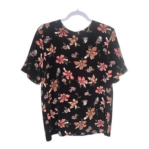 Vintage C.C. Hughes Short Sleeve Blouse – Black Floral – Size Medium 90s Retro